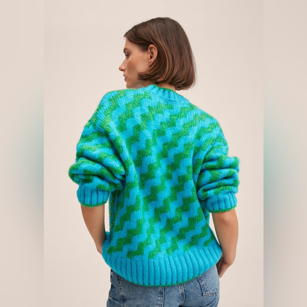 Mango MNG • bright blue green oversized striped knit sweater - Picture 3 of 11
